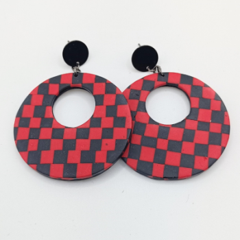 Σκουλαρίκια Κύκλοι XL Κρεμαστοί, Κόκκινο-Μαύρο Σκακιέρα