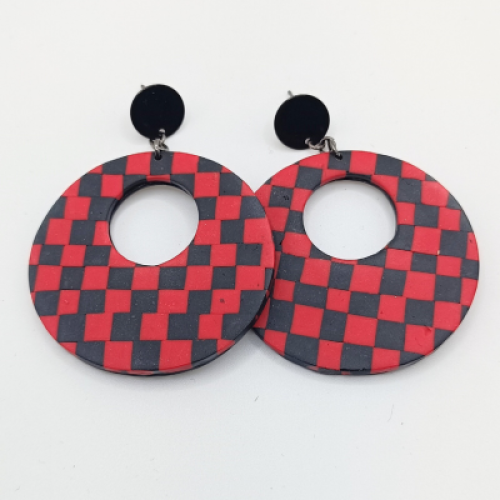 Σκουλαρίκια Κύκλοι XL Κρεμαστοί, Κόκκινο-Μαύρο Σκακιέρα
