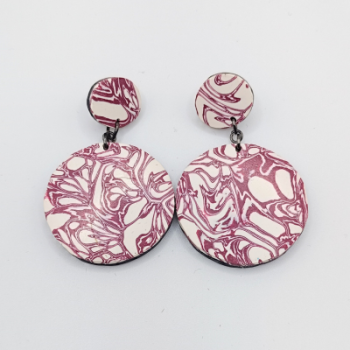 Σκουλαρίκια Κρεμαστά Στρογγυλά, Βυσσινί & Λευκό Marble 