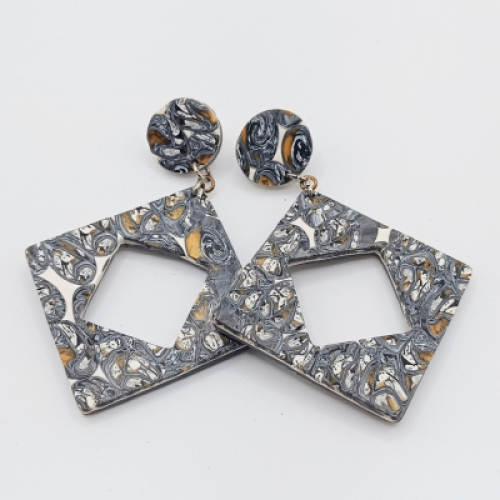 Σκουλαρίκια Μεσσαία τετράγωνα, Γκρι & Άσπρο Marble 