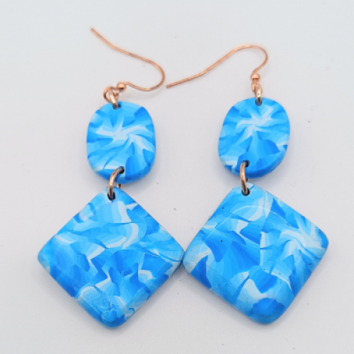 Σκουλαρίκια Κρεμαστά  με Γάντζο, Διπλοί Ρόμβοι σε Μπλε & Άσπρο