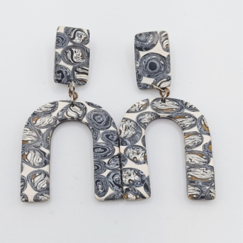  Σκουλαρίκια Κρεμαστά Μακριά , Πέταλο σε Μαύρο & Γκρι Floral