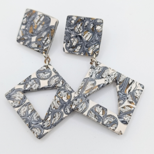  Σκουλαρίκια Μεγάλοι Κρίκοι, Άσπρο,Μαύρο,Γκρι Marble /Floral