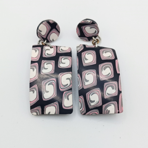  Σκουλαρίκια Κρεμαστά , Pop Art Swirls σε Μαύρο, Ροζ & Λευκό