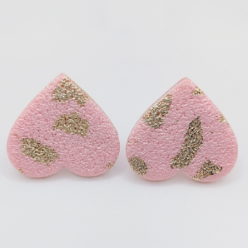  Σκουλαρίκια Καρφωτά  σε σχήμα Καρδιάς, Ροζ με Σαγρέ Υφή & Χρυσό