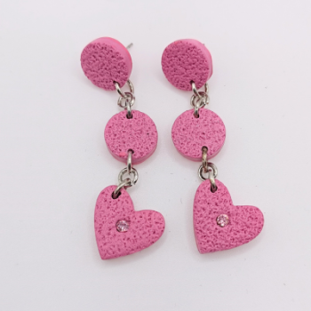  Σκουλαρίκια Κρεμαστά Μακριά , Ροζ Καρδιές με Στρας & Σαγρέ Υφή