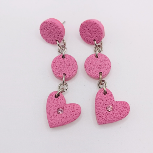  Σκουλαρίκια Κρεμαστά Μακριά , Ροζ Καρδιές με Στρας & Σαγρέ Υφή