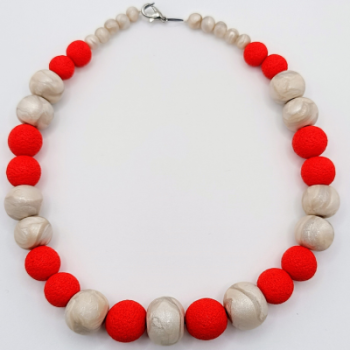  Κολιέ Choker Mixed Media Κόκκινο & Περλέ/Ασημί Lava Effect