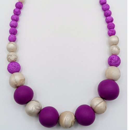  Κολιέ  Mixed Media Μωβ/Φούξια & Περλέ Ασημί