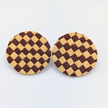 Σκουλαρίκια Στρογγυλά Καρφωτά, Καρό Σκακιέρα σε Καφέ & Μπεζ 