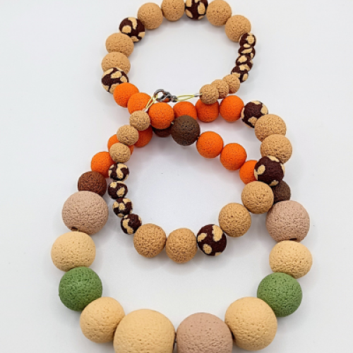  Μακρύ Κολιέ Statement με Χάντρες Lava Effect σε Γήινους Τόνους 