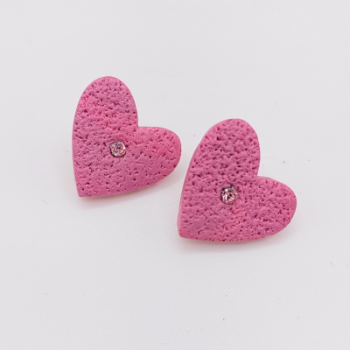  Σκουλαρίκια Καρδιές Έντονο Ροζ με Στρας,Σαγρέ
