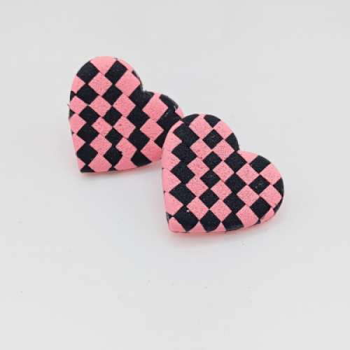  Σκουλαρίκια Καρδιές Ροζ/Μαύρο Καρό (Harlequin)