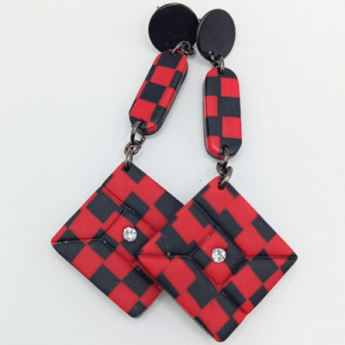 Σκουλαρίκια Κρεμαστά Ρόμβος, Κόκκινο-Μαύρο Σκακιέρα με Στρας Swarovski