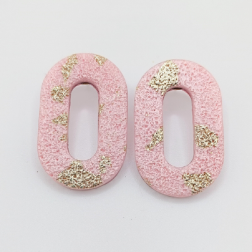 Σκουλαρίκια Οβάλ Καρφωτά  Ροζ με Χρυσά Φύλλα