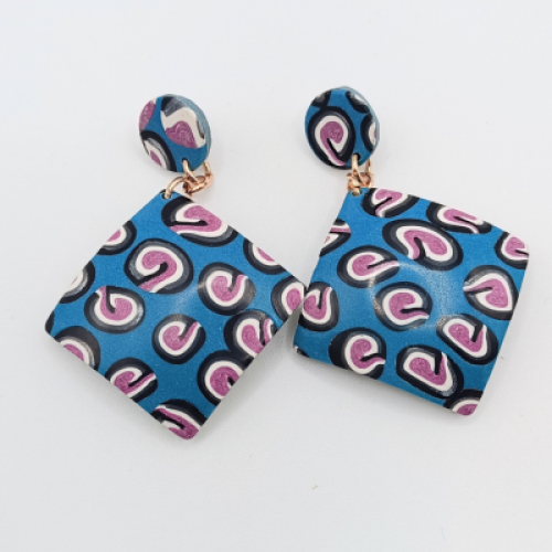  Σκουλαρίκια Κρεμαστά Μακριά , Ρόμβος με Animal Print σε Μπλε & Φούξια/Μαύρο 