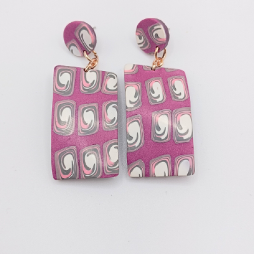 Σκουλαρίκια Κρεμαστά Μακριά , Τετράγωνο με Φούξια Glitter & Marble 