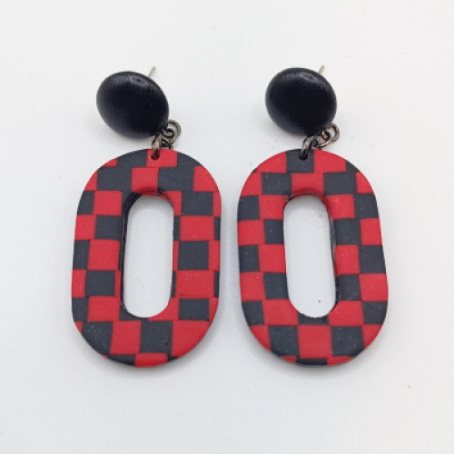  Σκουλαρίκια Κρεμαστά Οβάλ, Κόκκινο-Μαύρο Σκακιέρα