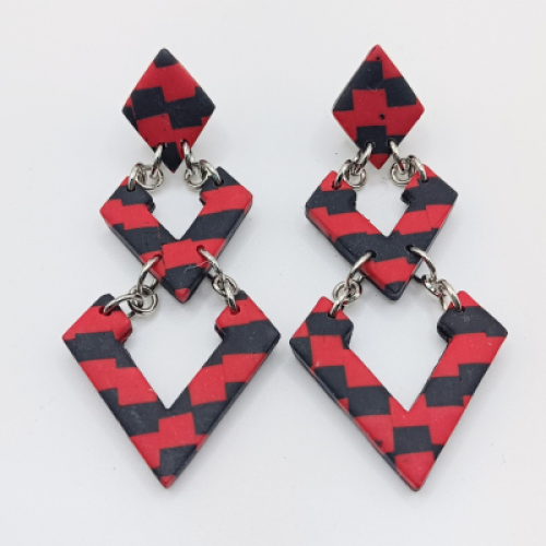 Σκουλαρίκια Κρεμαστά Ορθογώνια, Κόκκινο-Μαύρο Σκακιέρα