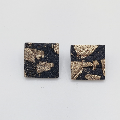 Σκουλαρίκια Τετράγωνα Καρφωτά , Μαύρο με Χρυσά Φύλλα