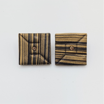 Σκουλαρίκια Τετράγωνα Καρφωτά, Μαύρο-Χρυσό Ριγέ