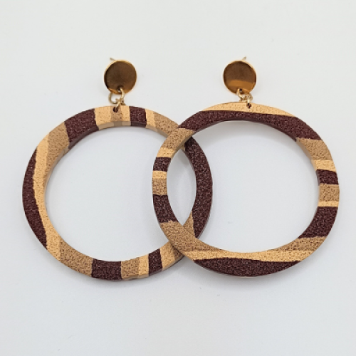 Σκουλαρίκια Μεγάλοι Κρίκοι, Ριγέ Μοτίβο σε Σκούρο Καφέ & Μπεζ