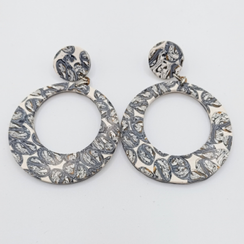  Σκουλαρίκια Μεγάλοι Κρίκοι, Γκρι & Άσπρο Floral