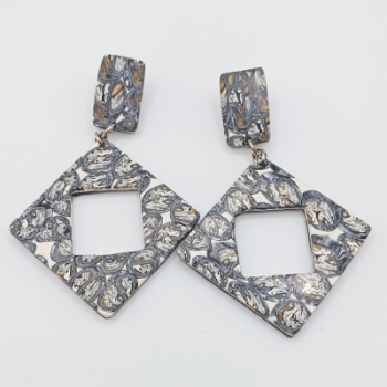  Σκουλαρίκια κρεμαστά Τετράγωνα, Γκρι & Άσπρο floral