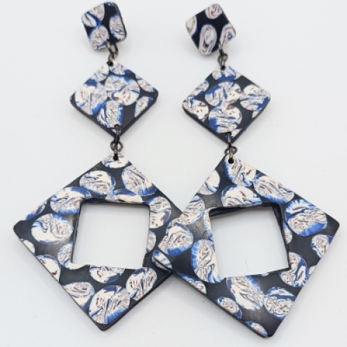  Σκουλαρίκια Κρεμαστά Μακριά, Ανοιχτοί Ρόμβοι σε Μαύρο & Λευκό/Μπλε Floral