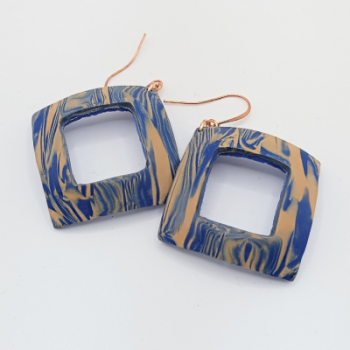 Σκουλαρίκια Κρεμαστά Τετράγωνο Πλαίσιο, Μπλε & Μπεζ Marble 