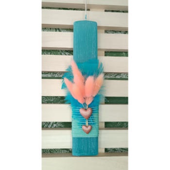 Λαμπάδα σε Τυρκουάζ Χρώμα με Ροδακινί Αποξηραμένα Άνθη & Διπλή Καρδιά